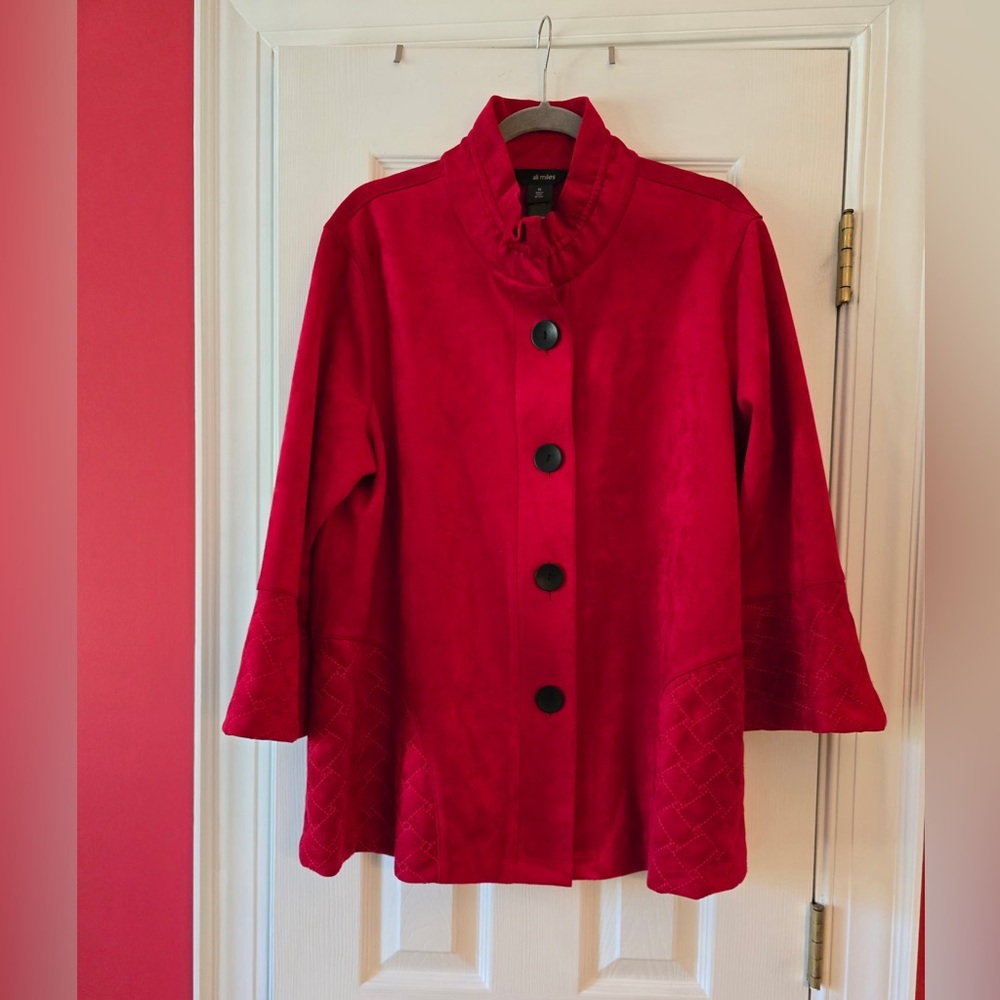 Ali Miles Women’s Red Button-Front Faux Suede Leather Quilted Trim Jacket sz XL